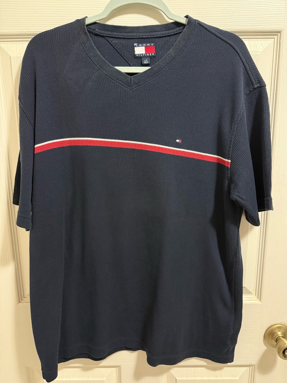 Tommy Hilfiger Navy V-Neck Tee with Red and White Stripe
